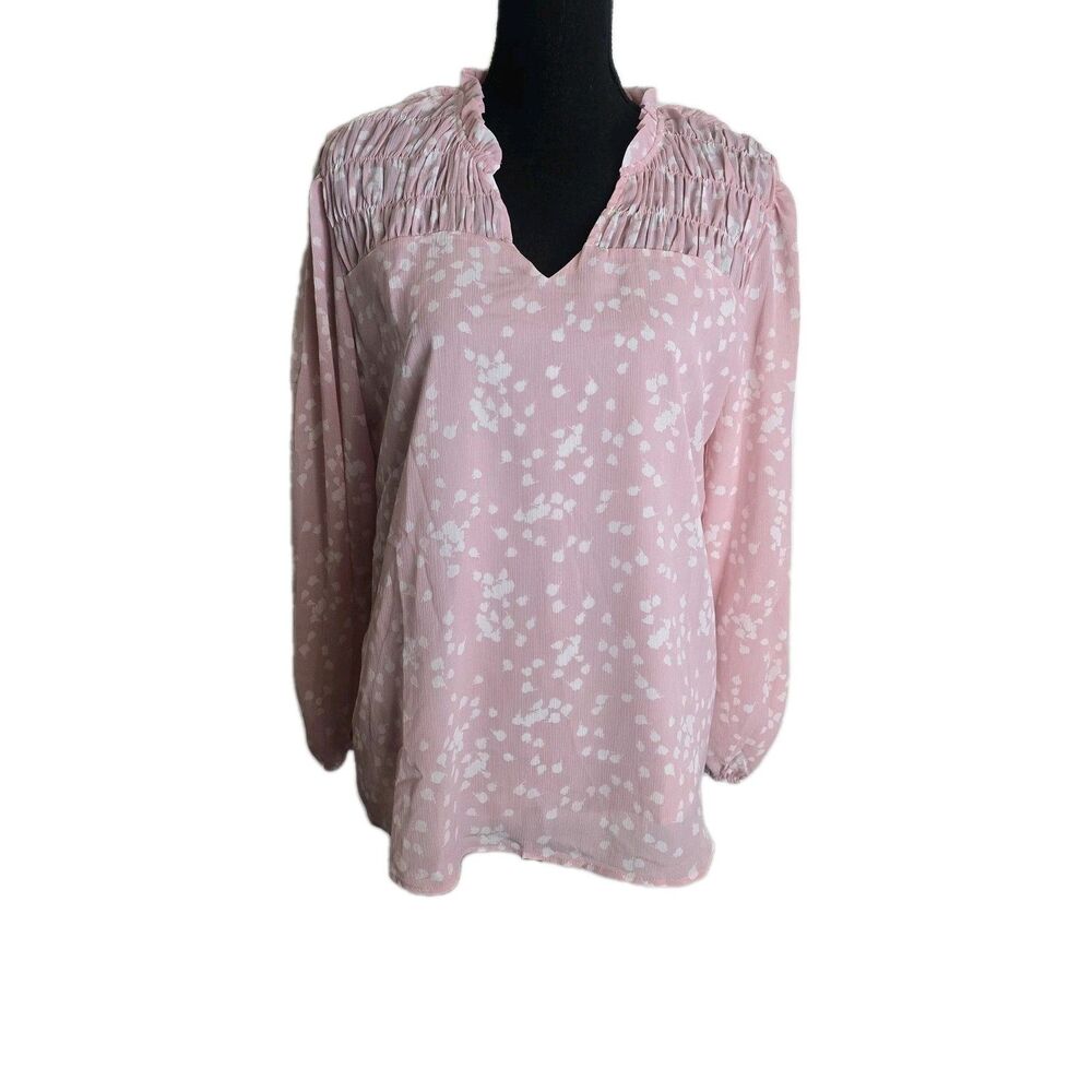 Dokotoo Blouse Medium Pink White Speckled Dot Smocked Top Coquette Chiffon